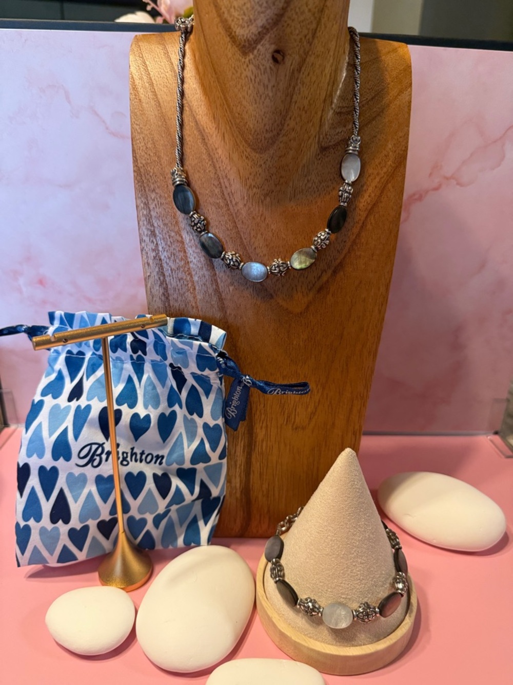 Brighton Iridescent Mother-of-Pearl Disc Necklace in White and Silver